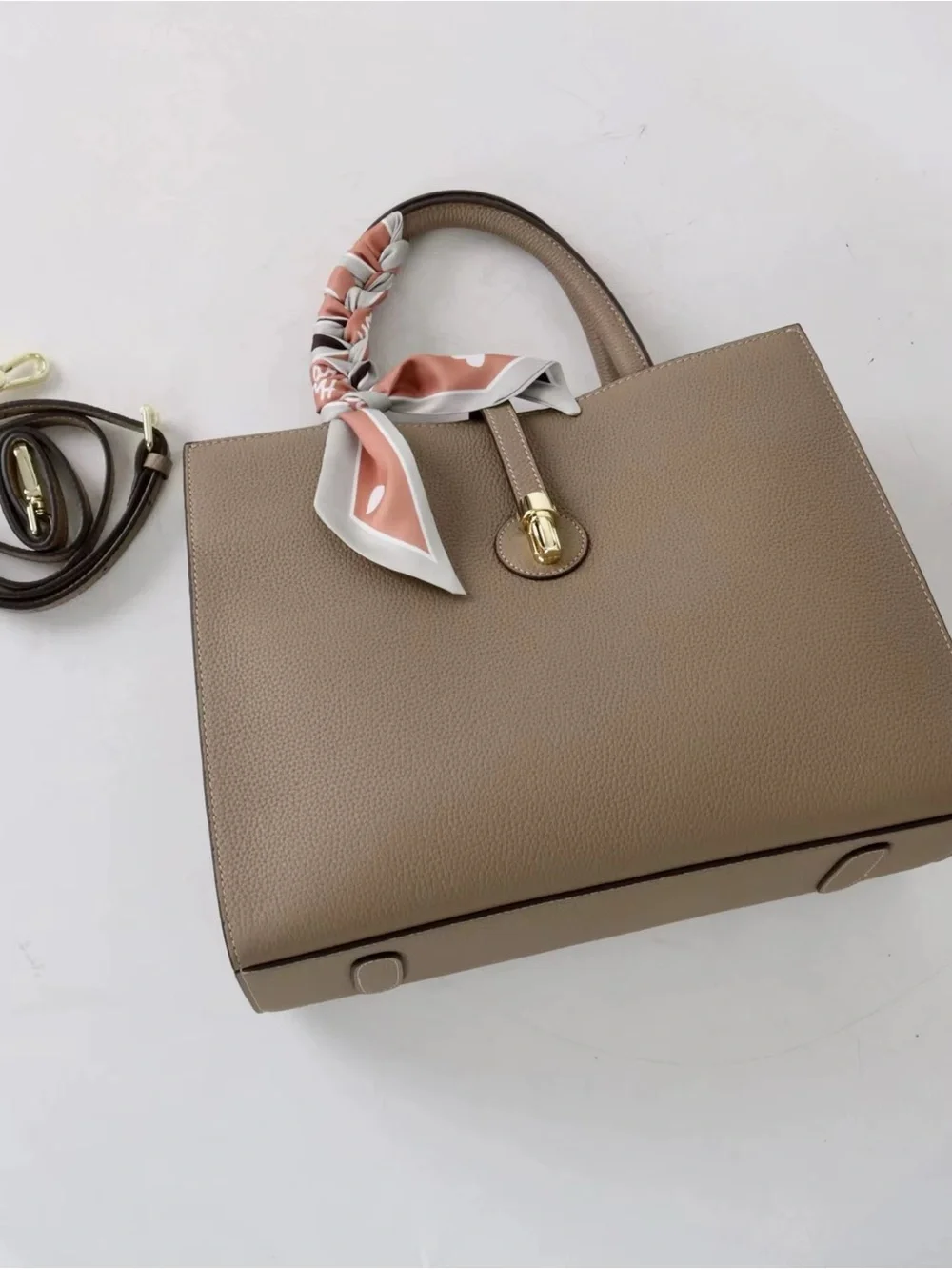 Classic Structured Togo Leather Bag in Brown with Scarf Accent